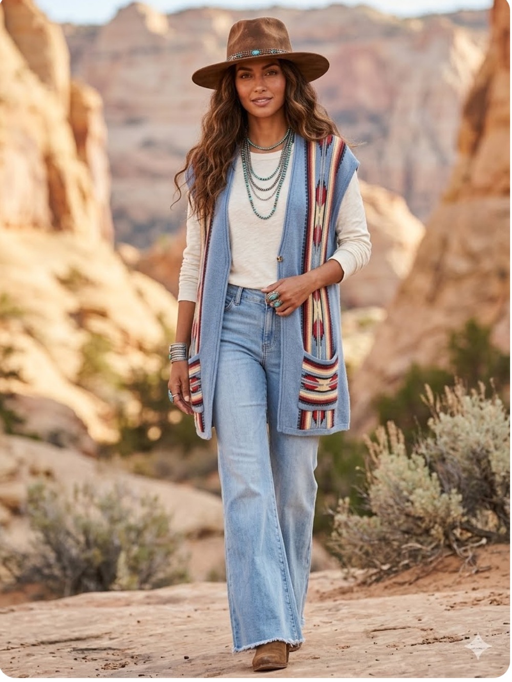 Chaps Knit Western Aztec Cardigan Long Sweater Vest Pockets Festival Bohemian 2X
